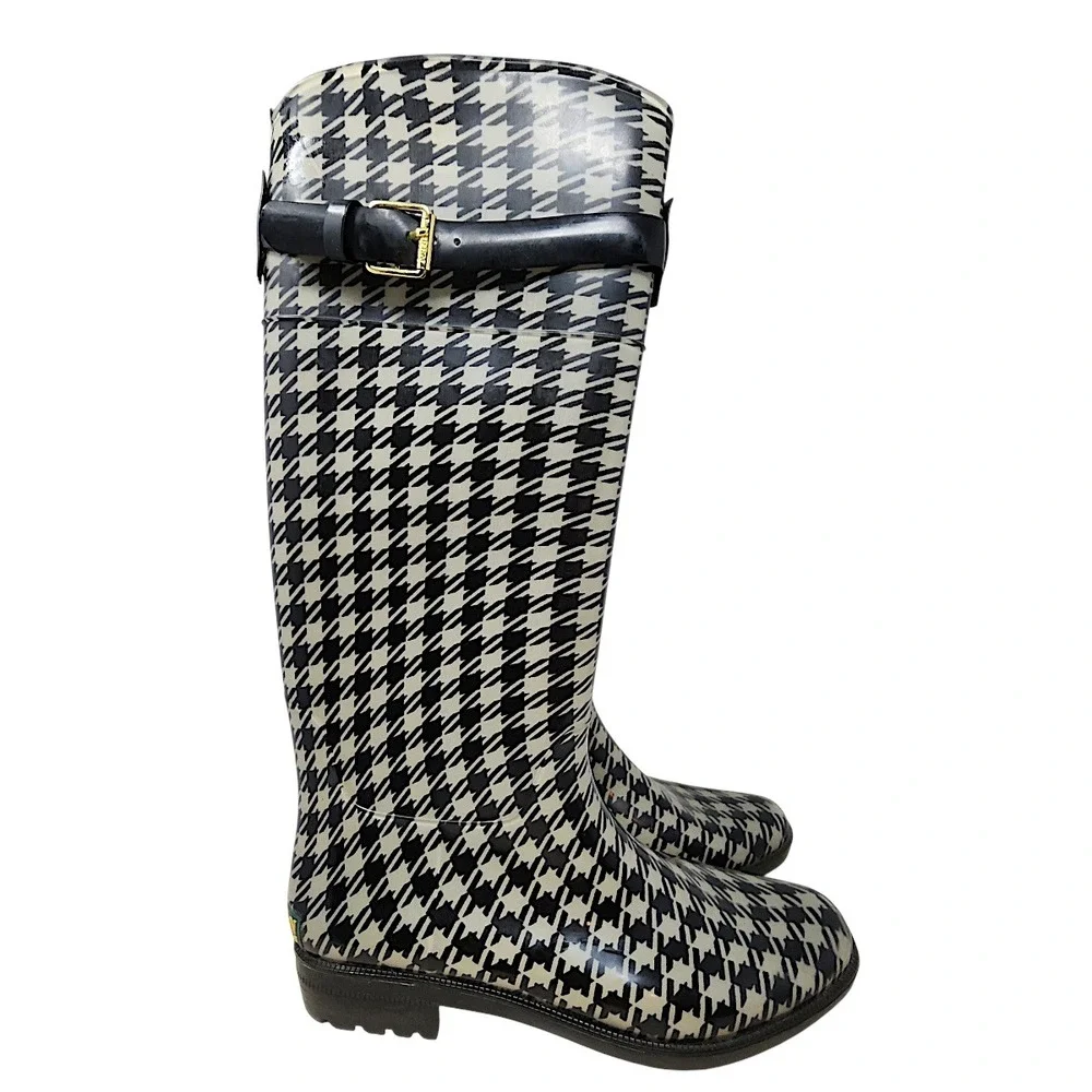 Lauren Ralph Lauren Rain Boots 10 Wom Rossalyn II Black Houndstooth Buckle Tall